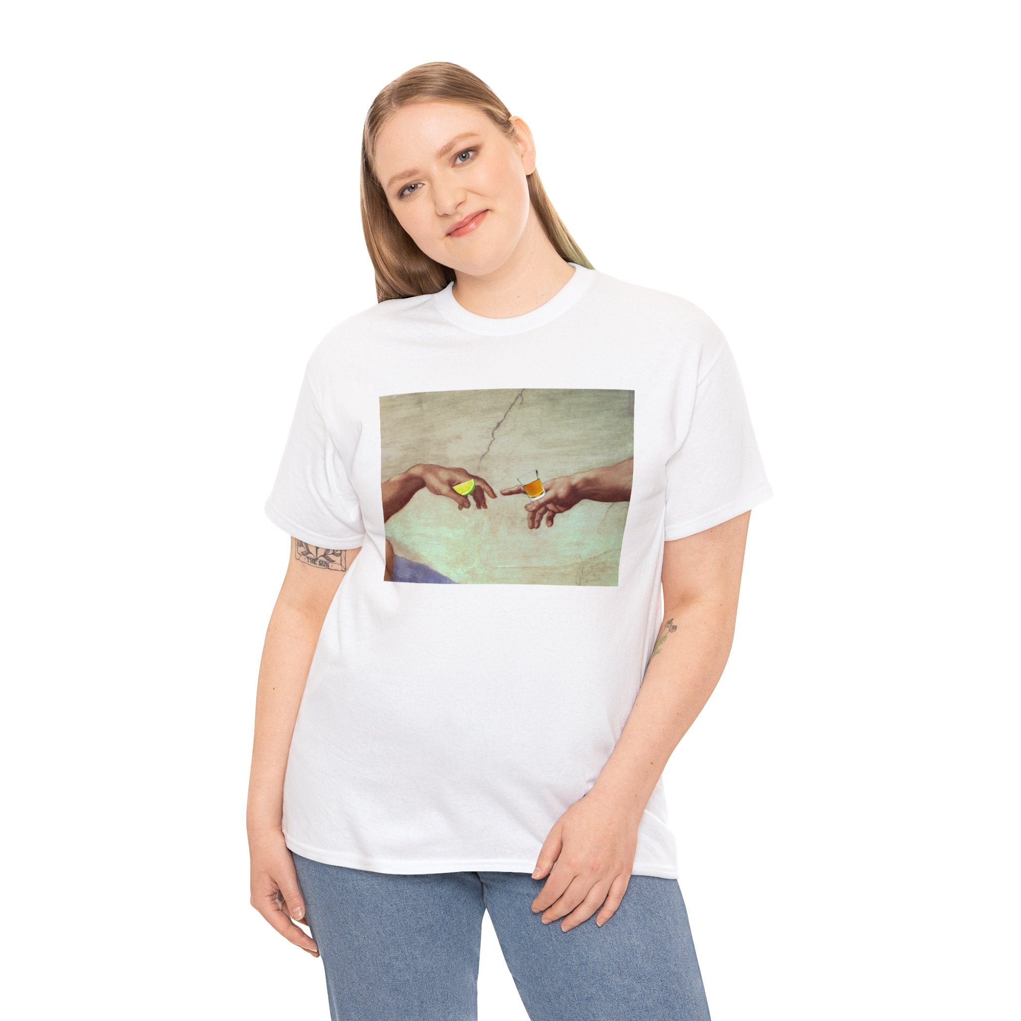 Gods hand passing tequila and lime - Unisex Heavy Cotton Tee