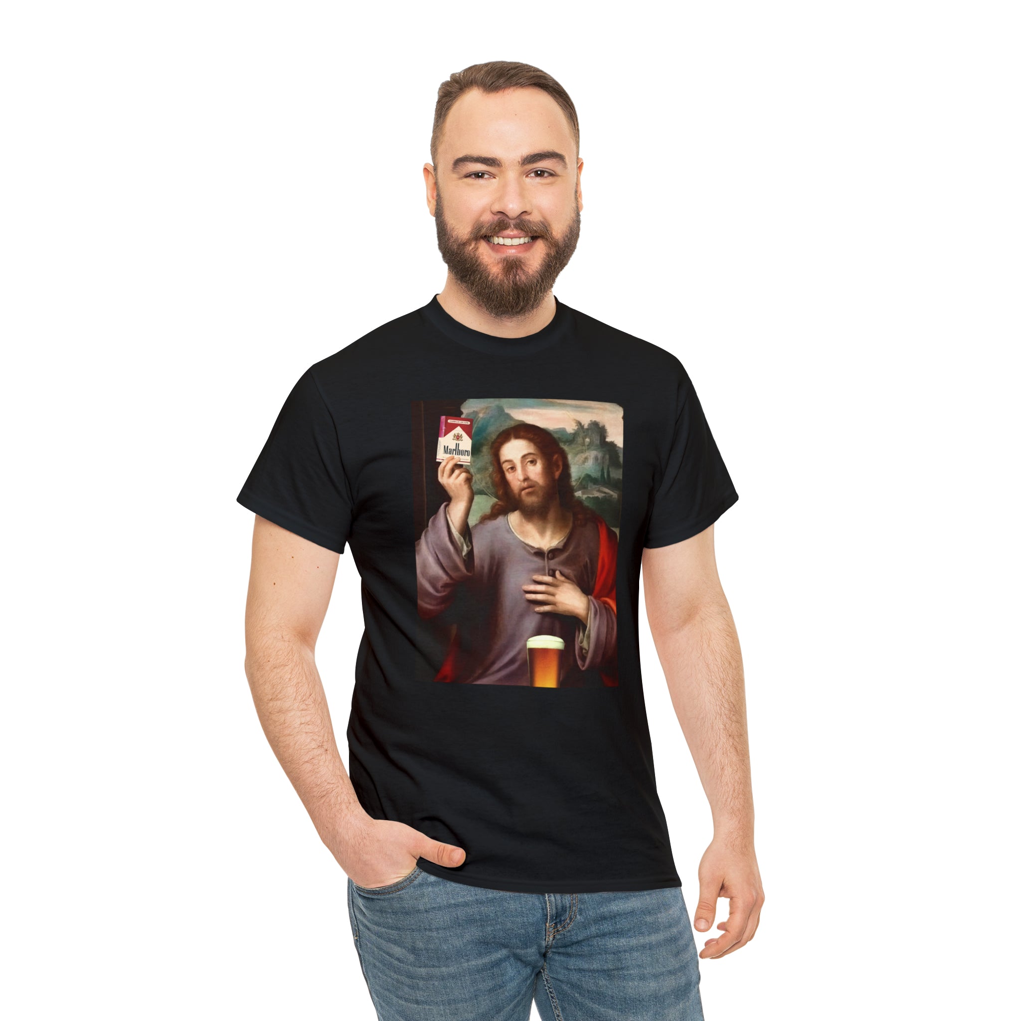 Jesus holding cigarettes and beer - Unisex Heavy Cotton Tee