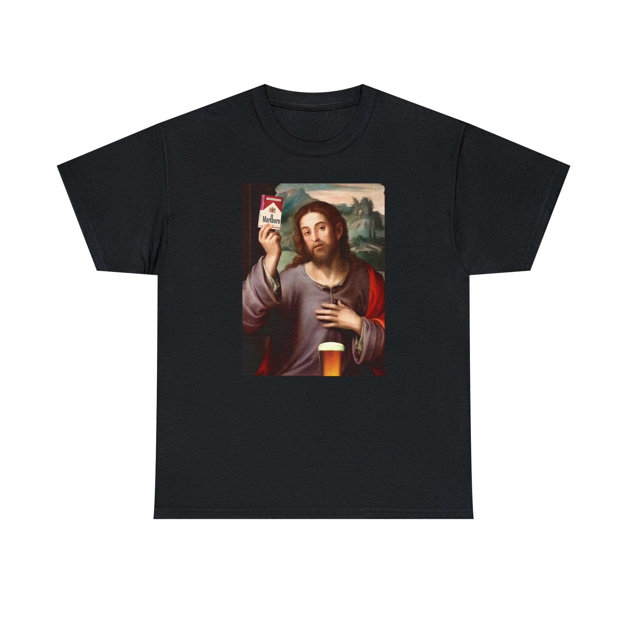 Jesus holding cigarettes and beer - Unisex Heavy Cotton Tee