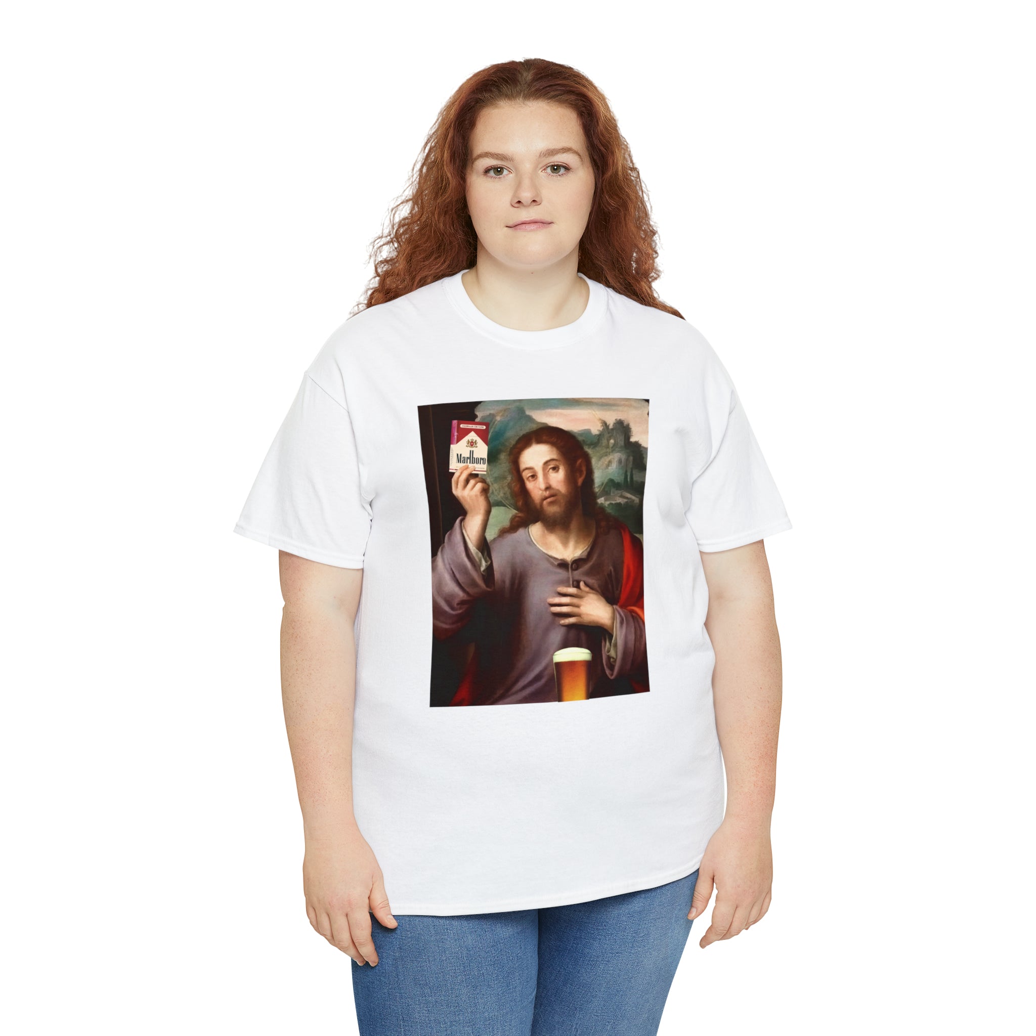 Jesus holding cigarettes and beer - Unisex Heavy Cotton Tee