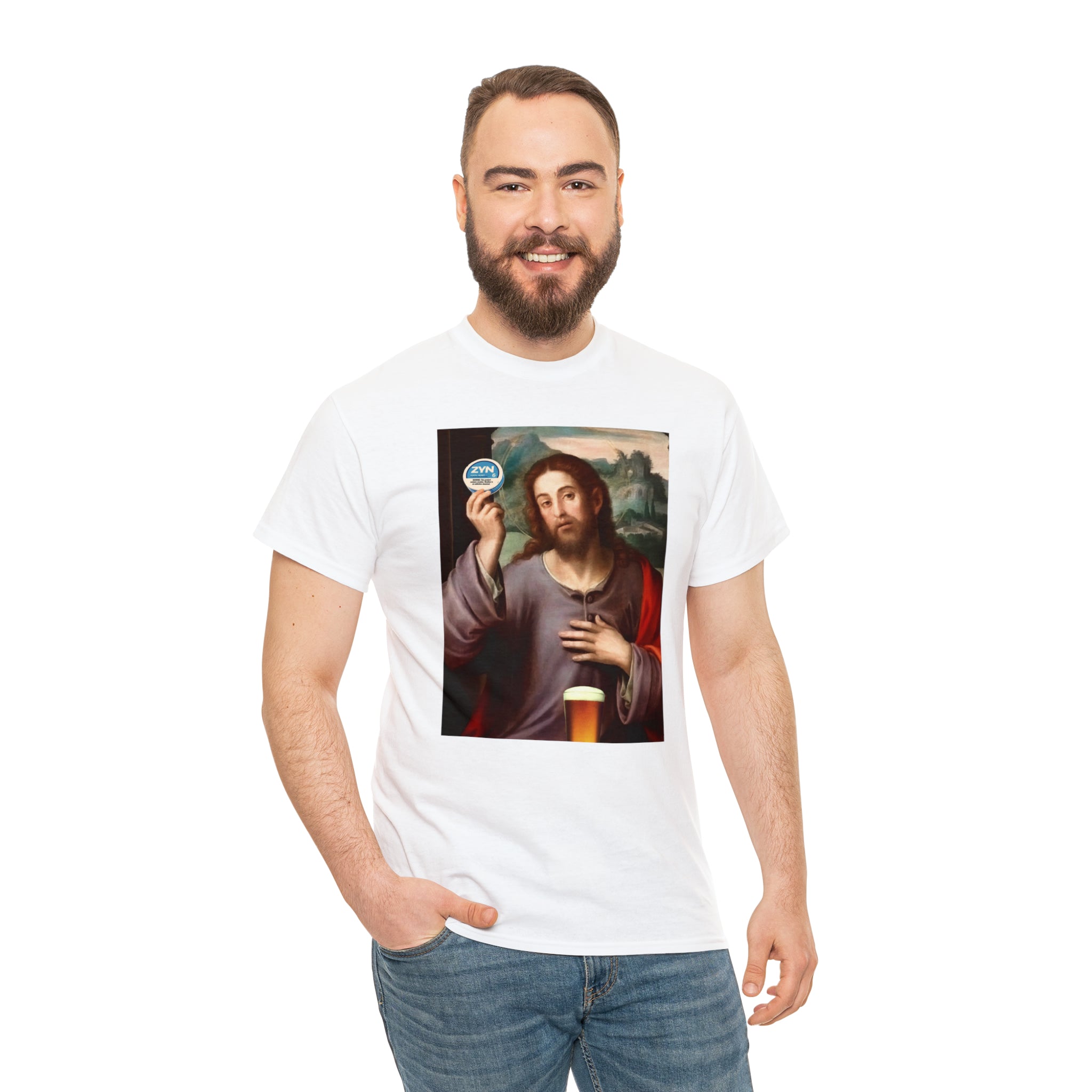 Jesus holding Zyns and beer - Unisex Heavy Cotton Tee