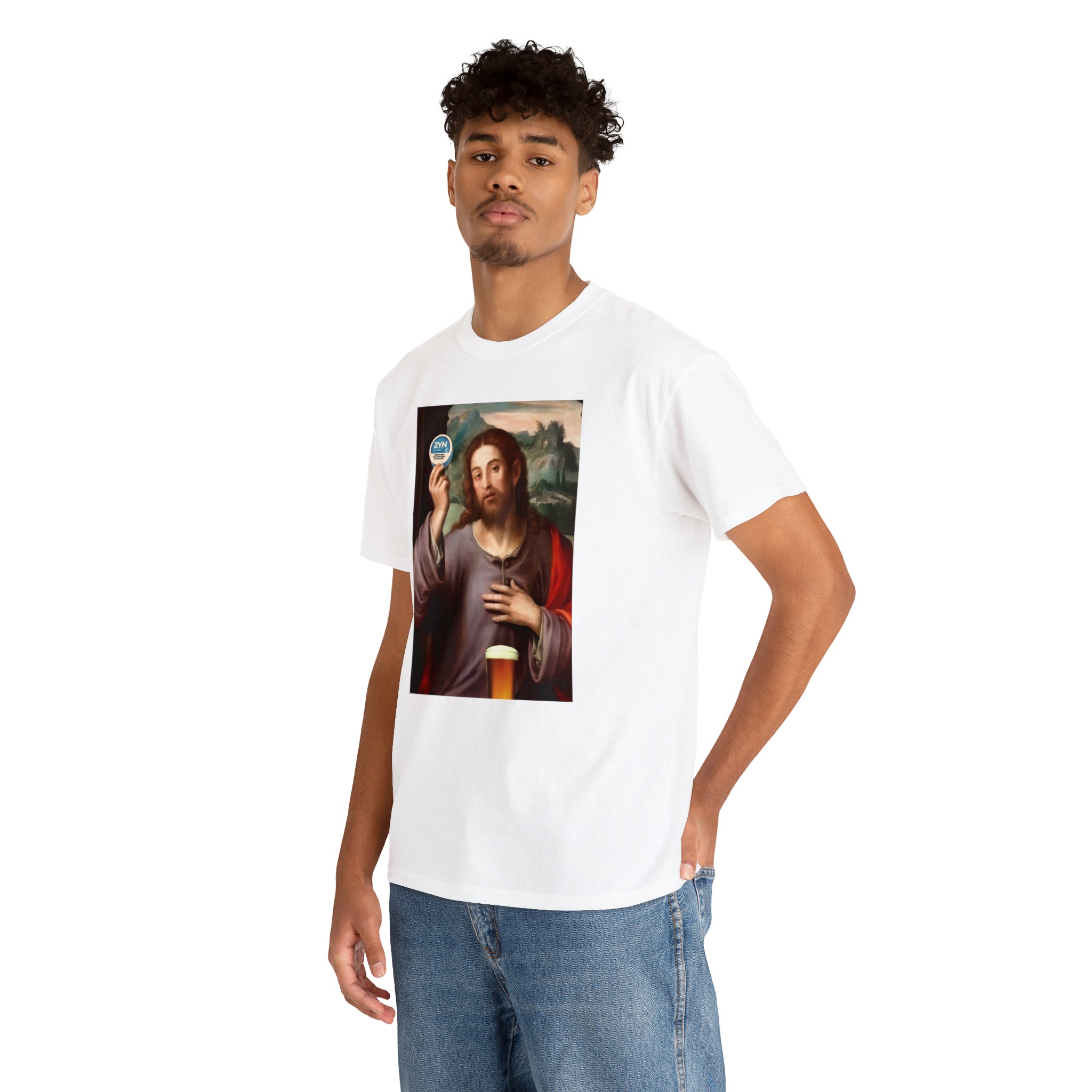 Jesus holding Zyns and beer - Unisex Heavy Cotton Tee