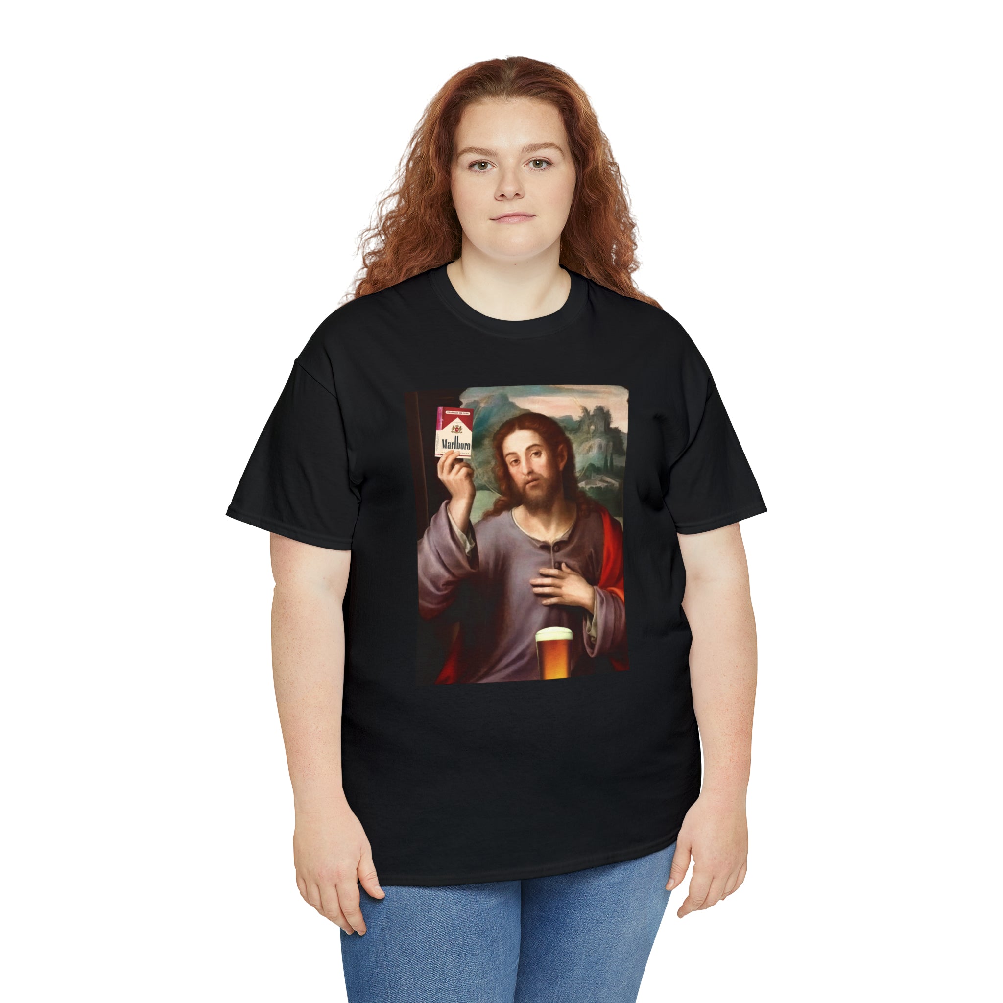 Jesus holding cigarettes and beer - Unisex Heavy Cotton Tee