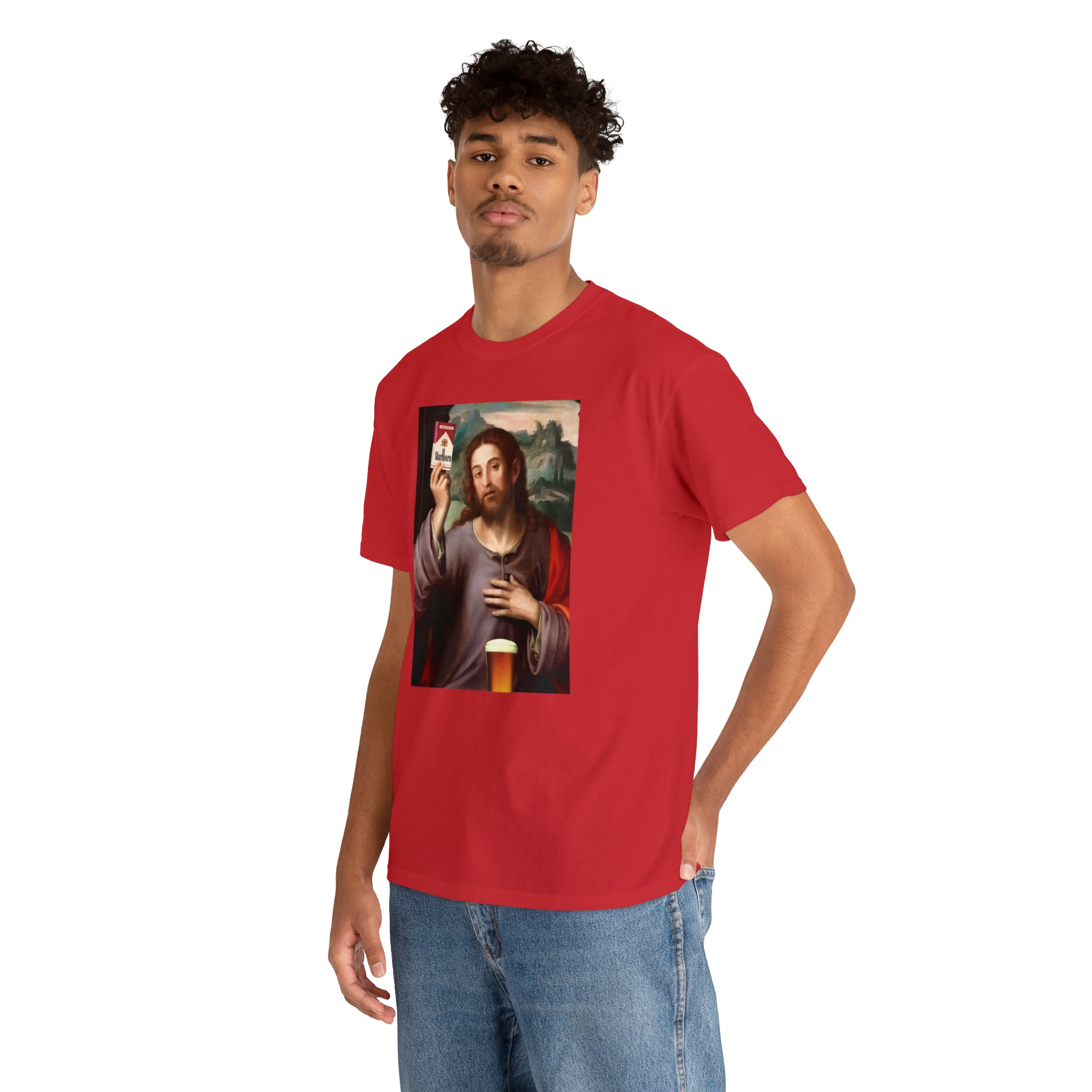 Jesus holding cigarettes and beer - Unisex Heavy Cotton Tee