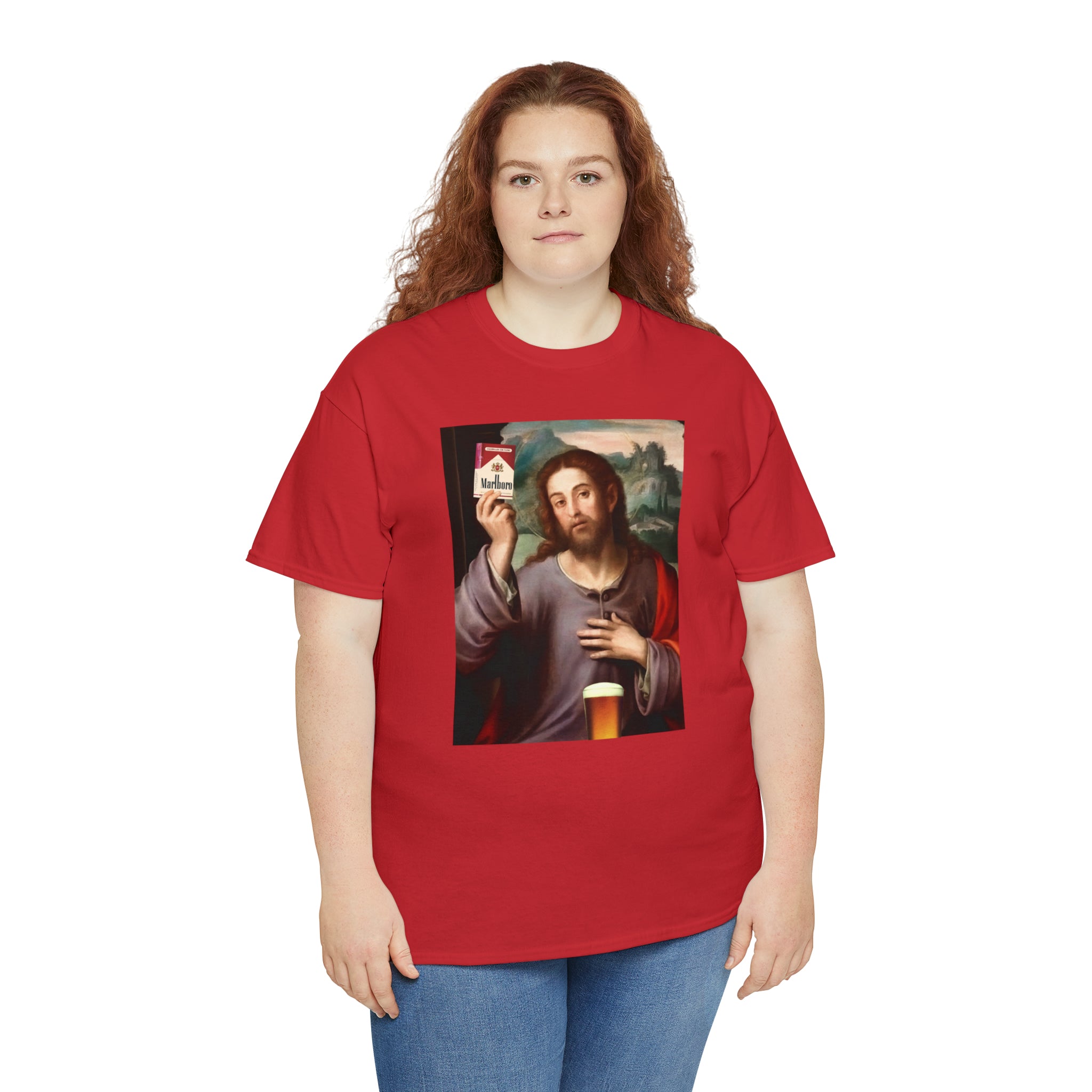 Jesus holding cigarettes and beer - Unisex Heavy Cotton Tee