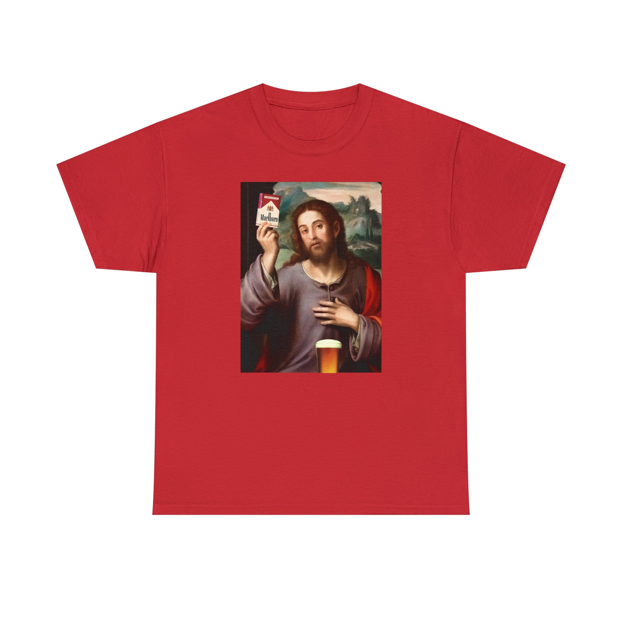 Jesus holding cigarettes and beer - Unisex Heavy Cotton Tee