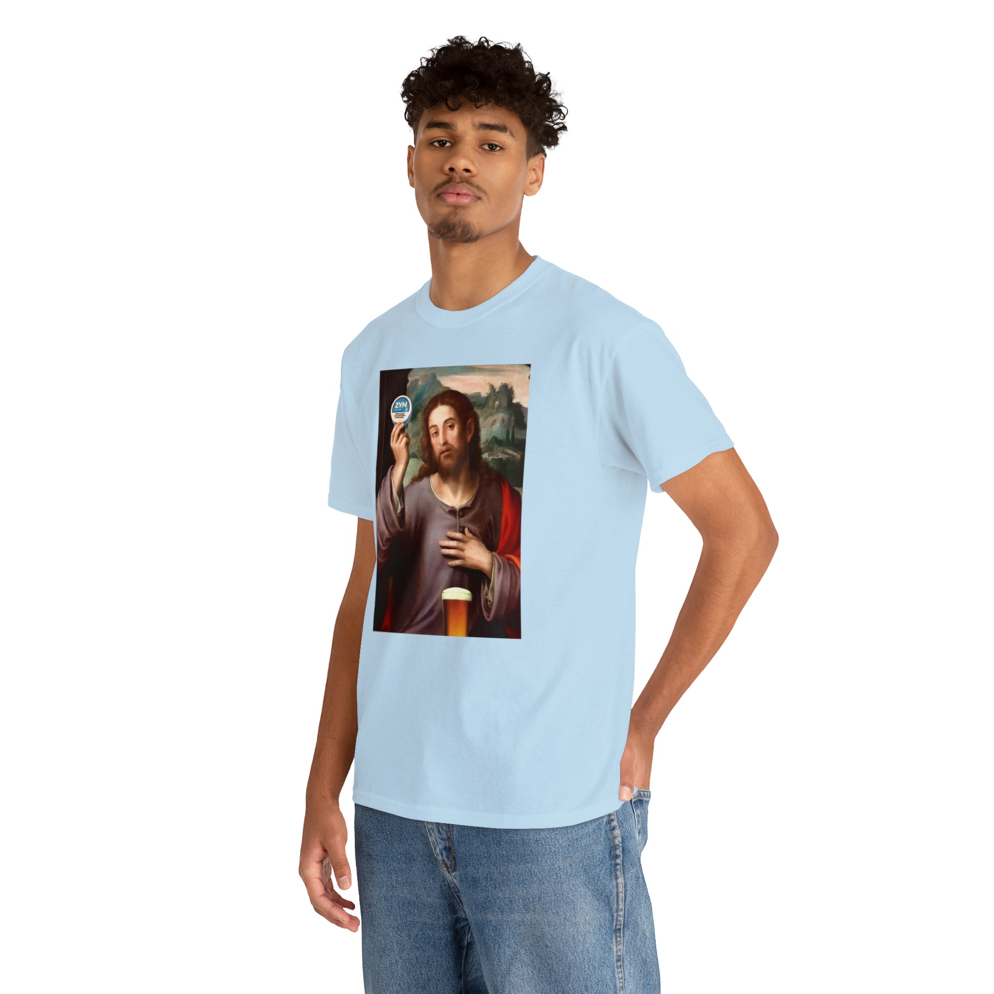 Jesus holding Zyns and beer - Unisex Heavy Cotton Tee