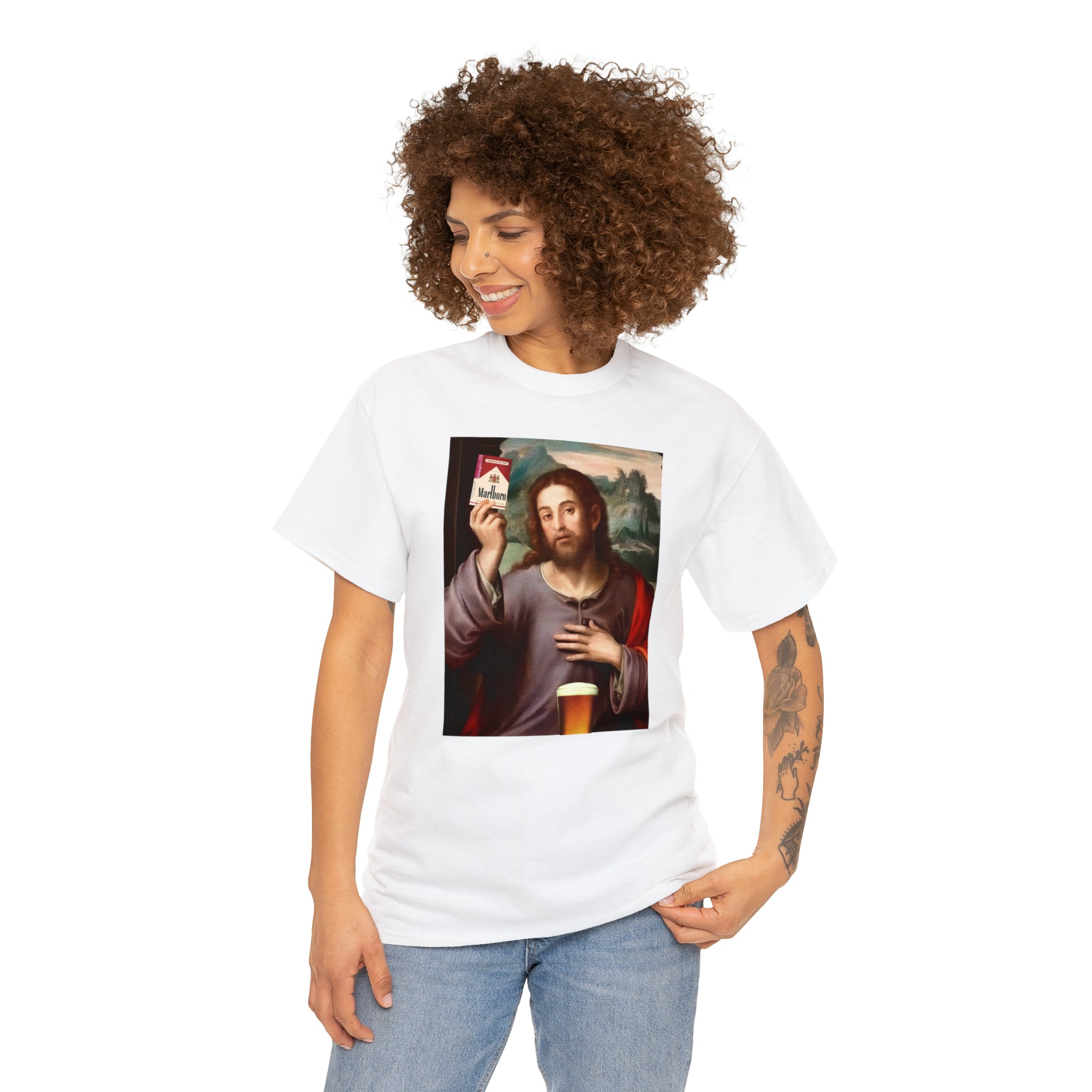 Jesus holding cigarettes and beer - Unisex Heavy Cotton Tee