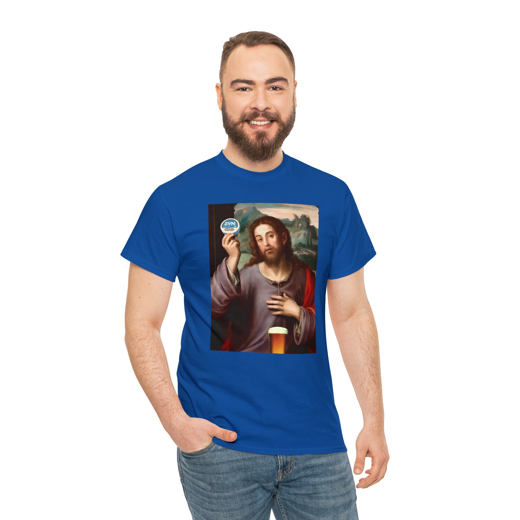 Jesus holding Zyns and beer - Unisex Heavy Cotton Tee