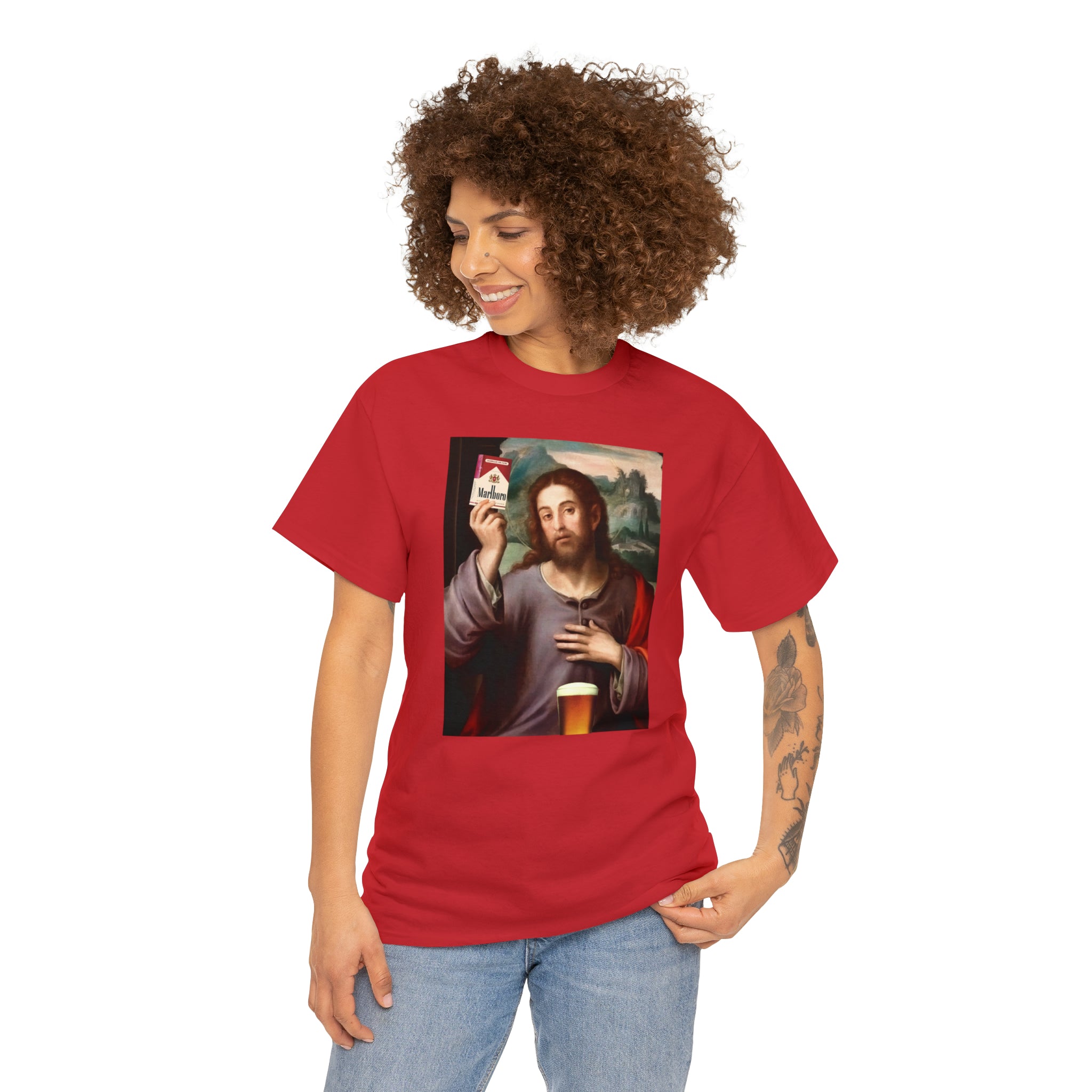 Jesus holding cigarettes and beer - Unisex Heavy Cotton Tee