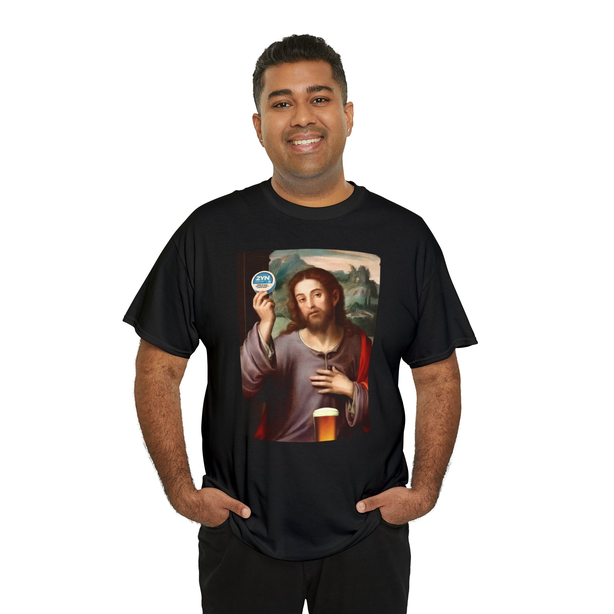 Jesus holding Zyns and beer - Unisex Heavy Cotton Tee