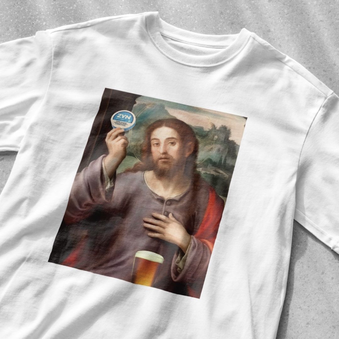 Jesus holding Zyns and beer - Unisex Heavy Cotton Tee