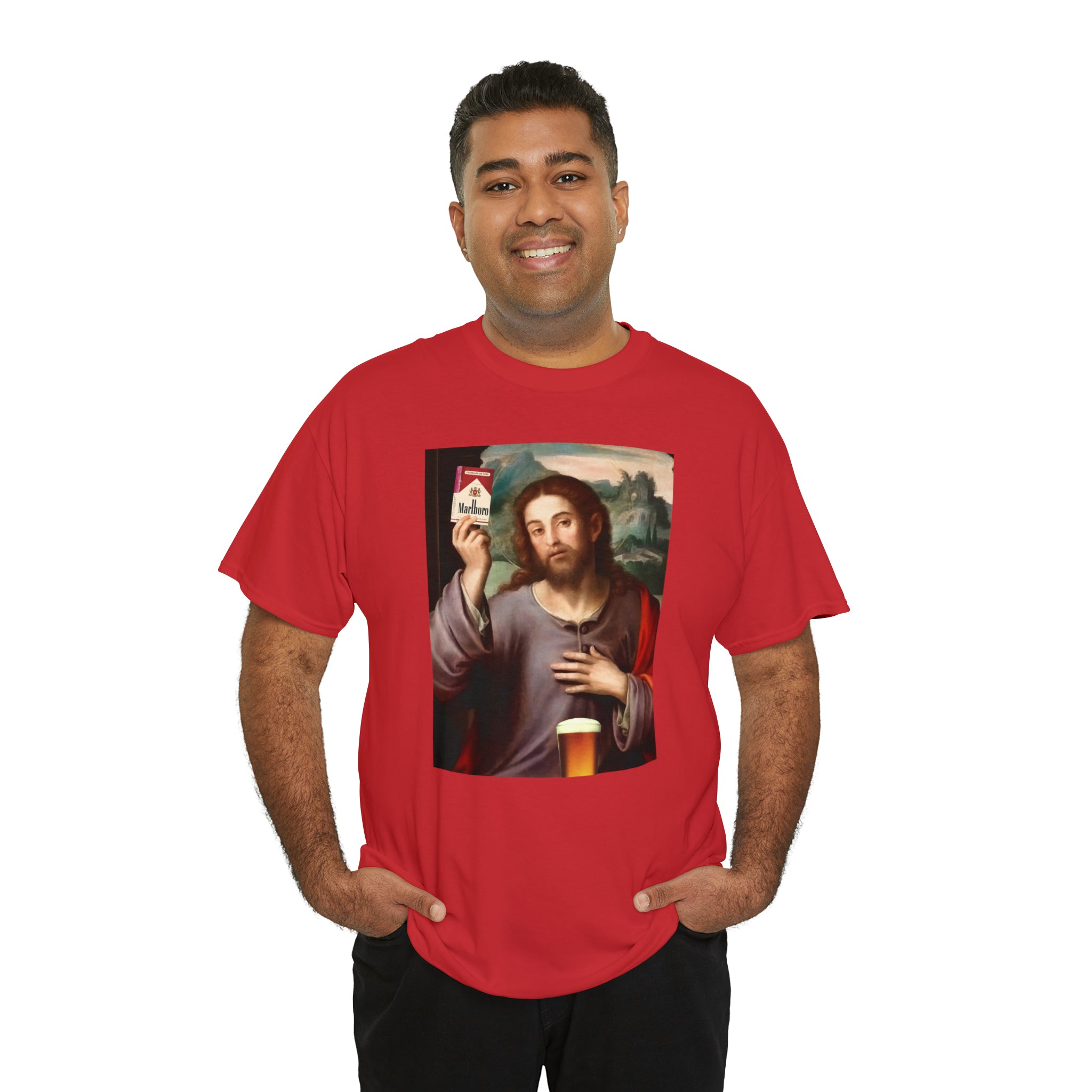 Jesus holding cigarettes and beer - Unisex Heavy Cotton Tee