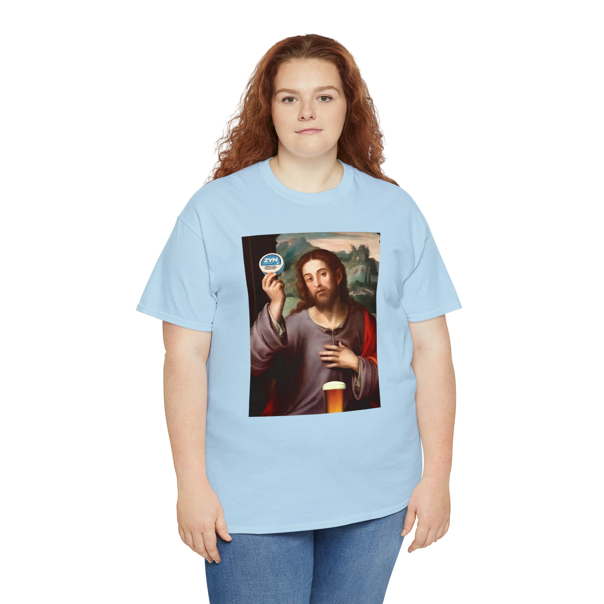 Jesus holding Zyns and beer - Unisex Heavy Cotton Tee