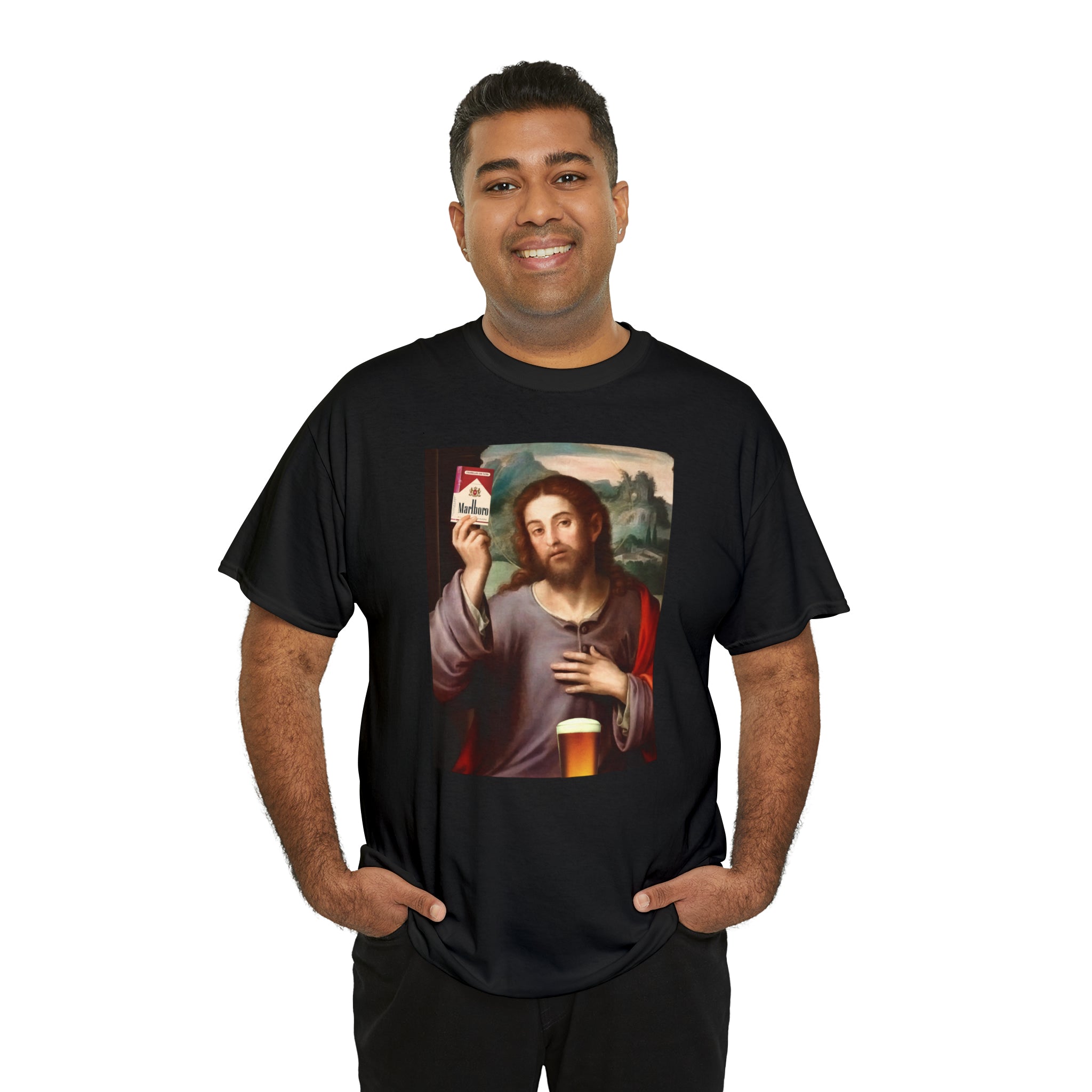 Jesus holding cigarettes and beer - Unisex Heavy Cotton Tee