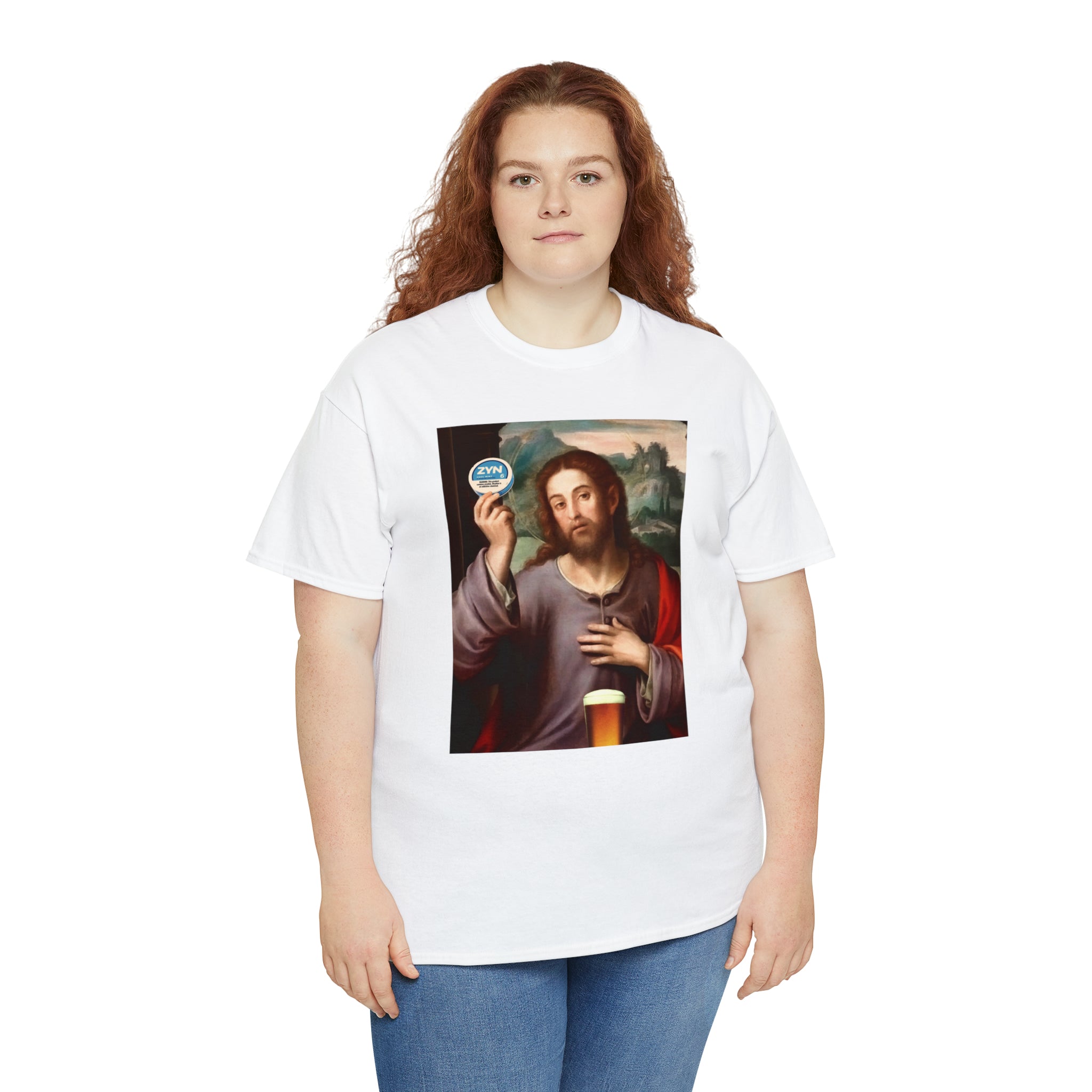 Jesus holding Zyns and beer - Unisex Heavy Cotton Tee