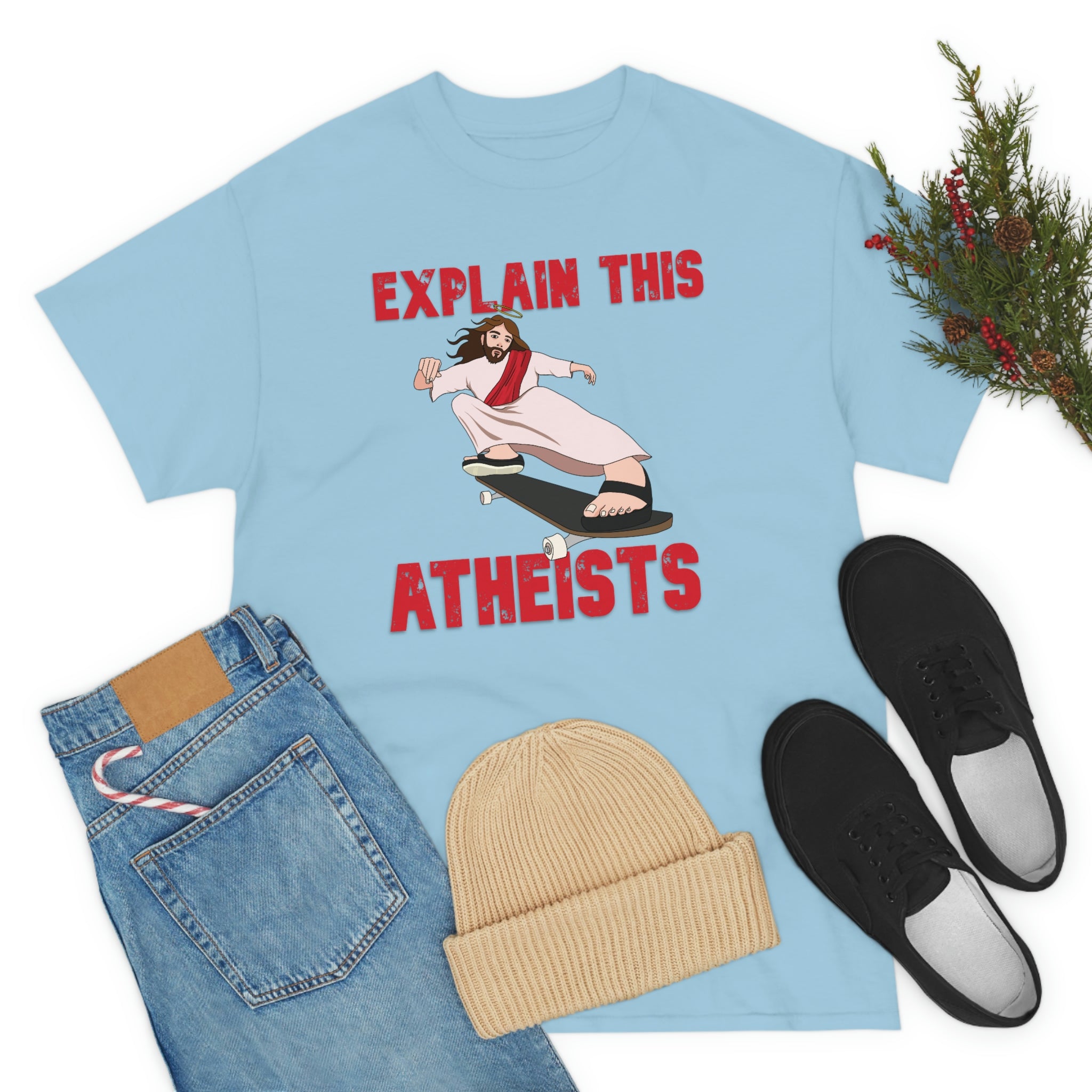 Explain this Atheists Jesus Skateboarding - Unisex Heavy Cotton Tee