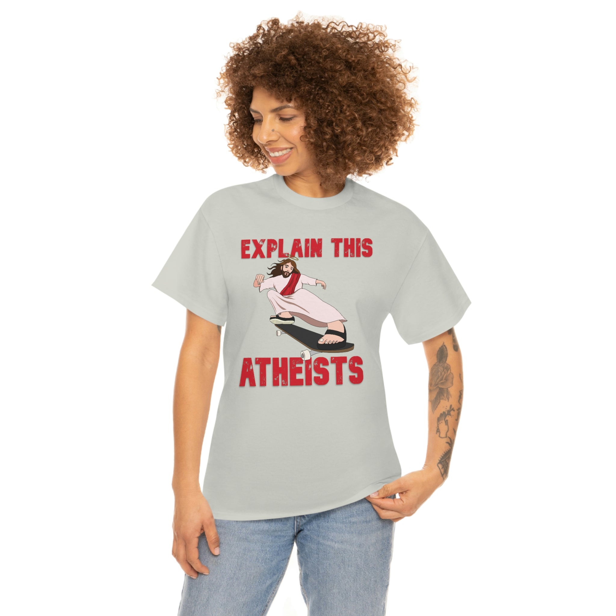 Explain this Atheists Jesus Skateboarding - Unisex Heavy Cotton Tee