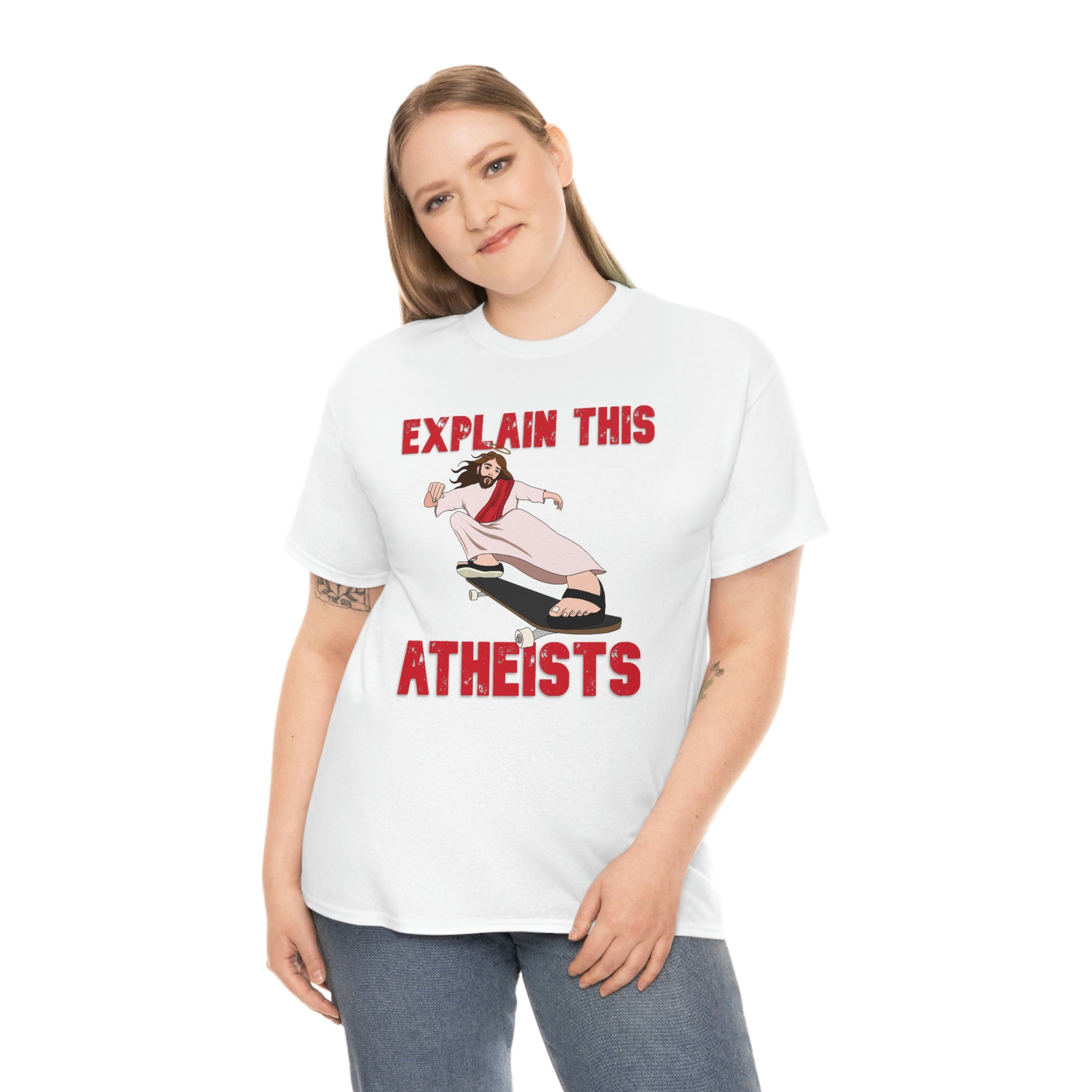 Explain this Atheists Jesus Skateboarding - Unisex Heavy Cotton Tee