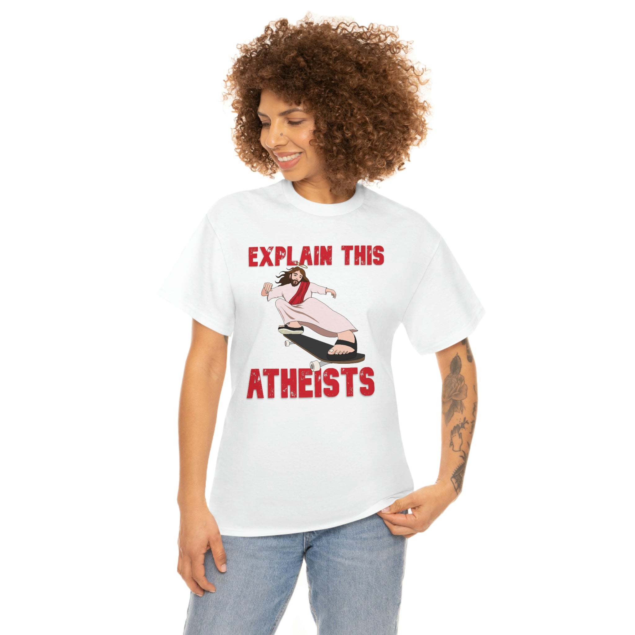 Explain this Atheists Jesus Skateboarding - Unisex Heavy Cotton Tee