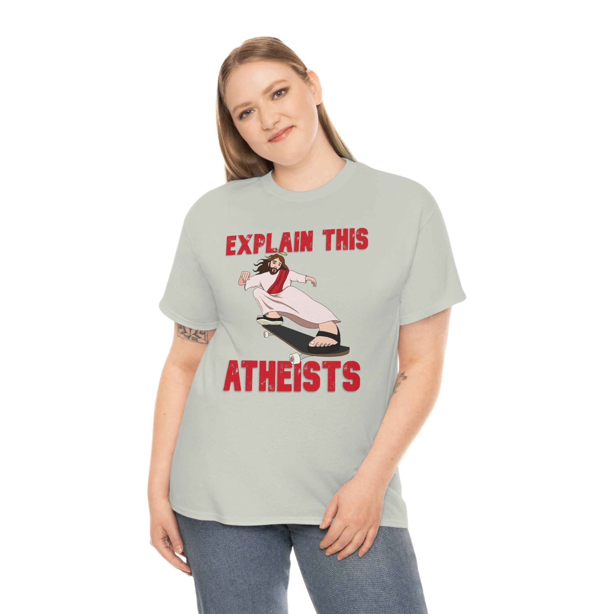 Explain this Atheists Jesus Skateboarding - Unisex Heavy Cotton Tee